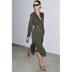 $119❤️ZARA SS25 ZW COLLECTION SHIRT BELTED MID GREEN MIDI DRESS sz S 3337/432